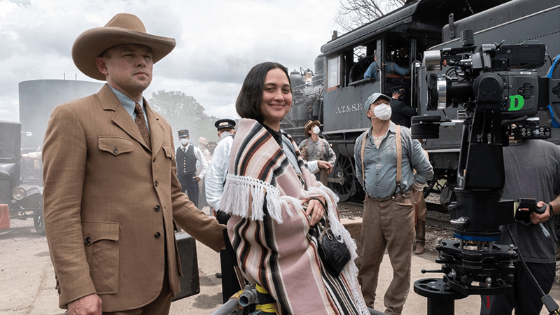 Leonardo DiCaprio (left) and Lily Gladstone (right) shooting Killers of the Flower Moon (2023)